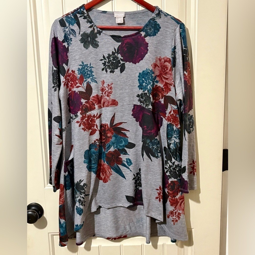 Chicos Multicolored Rose Print Button Sleeve Knit Tunic Shirt - Picture 2 of 7